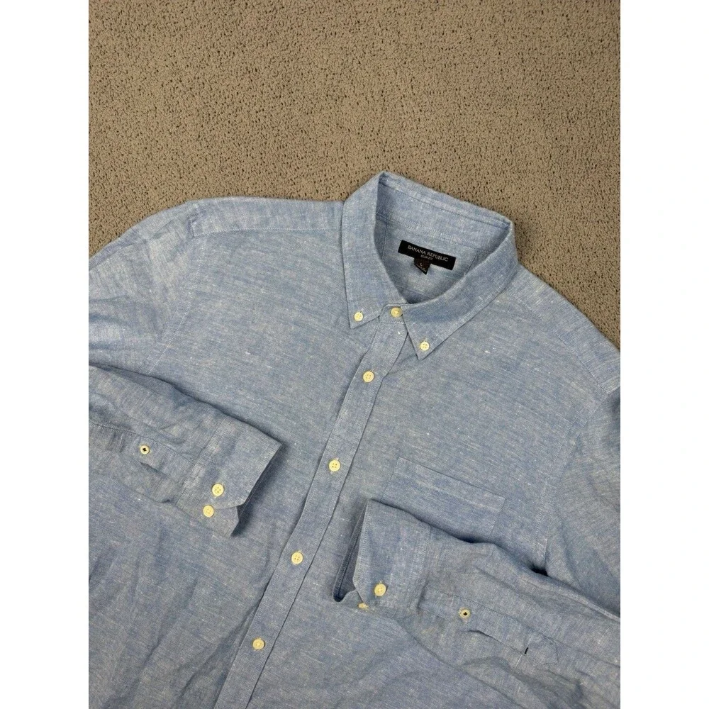 Banana Republic Shirt Mens L Blue Linen Blend Short Sleeve Button Up Vacation